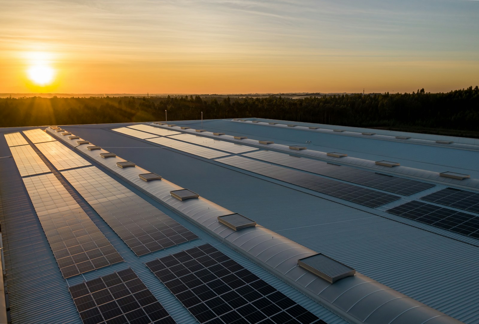 Solarmodule auf einem Dach bei Sonnenuntergang